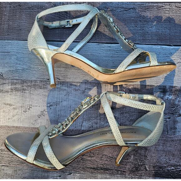 ANTONIO MELANI Silver Crystal Rhinestone T-Strap Heels Sandals Shoes Women's 8M - Picture 6 of 9
